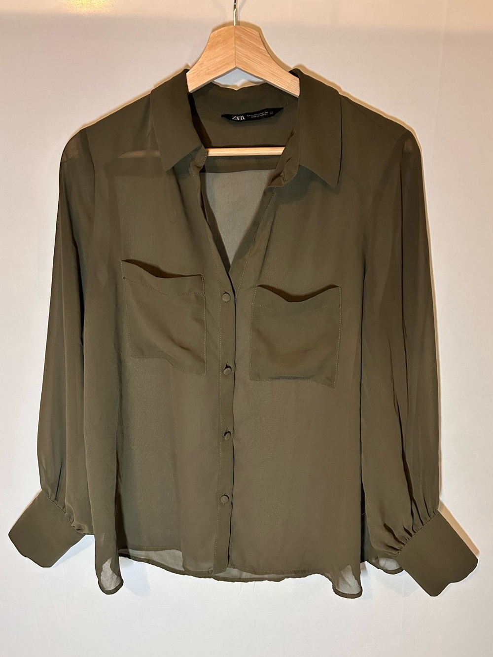 Zara Olive Sheer Button-Front Blouse - Size S